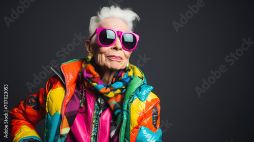 Portrait of a stylish senior woman in colorful jacket and sunglasses