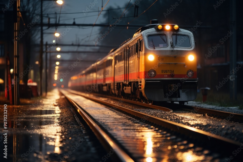 Naklejka premium train station travel Railway tracks and trains in the evening