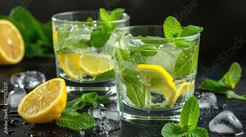 Two glasses of lemonade or a cocktail with lemon and mint on a black background. Summer refreshing drinks.