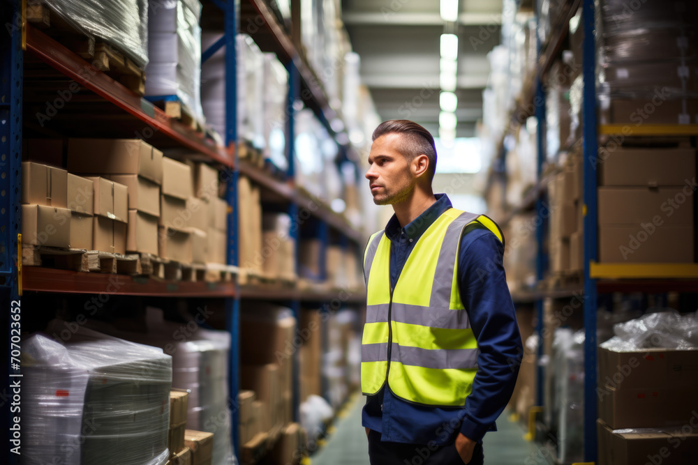 A dedicated Logistics Coordinator, engrossed in his work, surrounded by stacks of shipping documents, in a bustling warehouse filled with neatly arranged packages A dedicated Logistics Coordinator, engrossed in his work, surrounded by stacks of shipping documents, in a bustling warehouse filled with neatly arranged packages