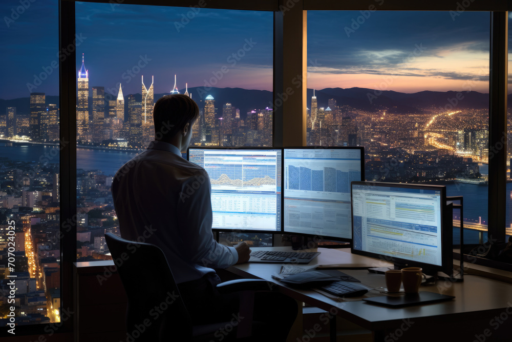A dedicated Time Study Analyst engrossed in his work, surrounded by a plethora of charts and graphs, in a well-lit office with a panoramic view of the city skyline