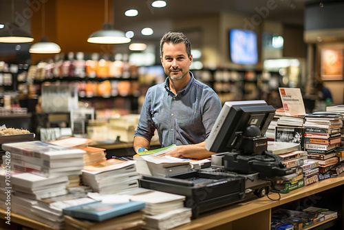 A man seller standing in front of cash register in bookstore. Shelves with many books on background. photo