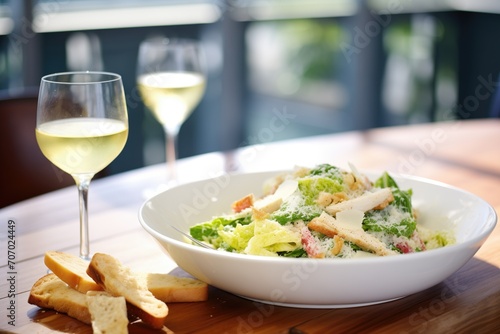 caesar salad served with a slice of crusty garlic bread