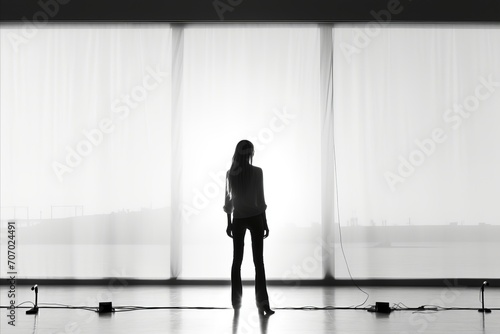 Stunning silhouette of fashionable girl posing against white studio backdrop