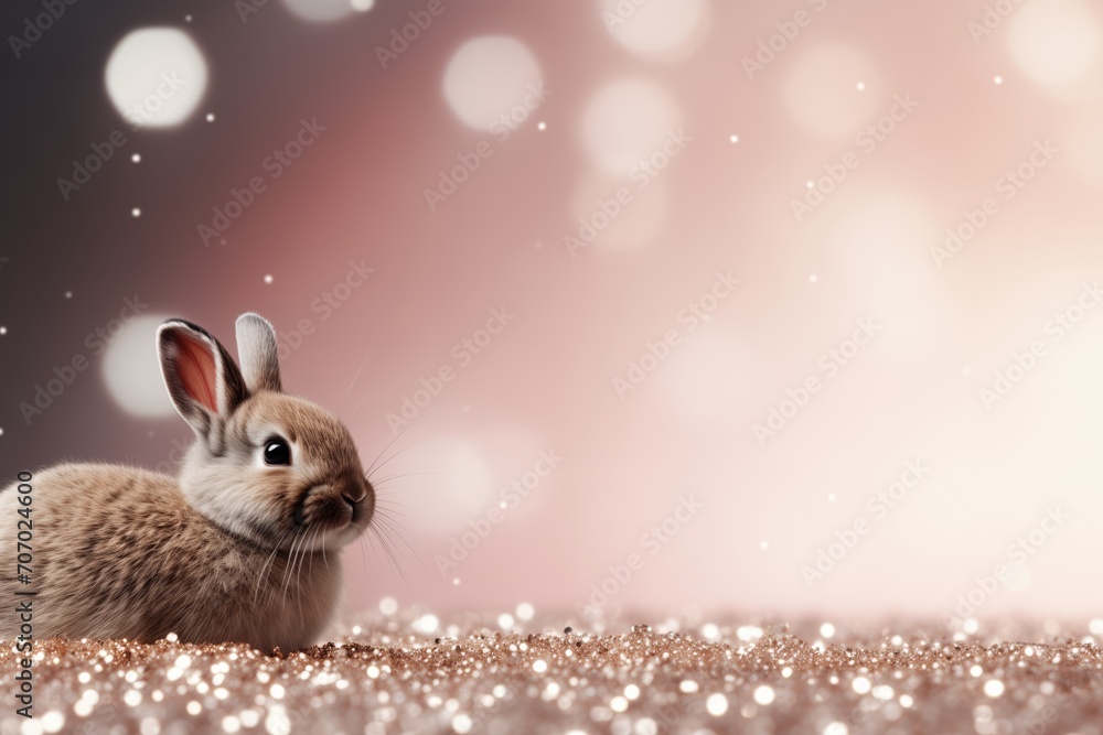 Cute Easter bunny with pink balloons and copy space on glitter background. Greeting card concept Cute Easter bunny with pink balloons and copy space on glitter background. Greeting card concept