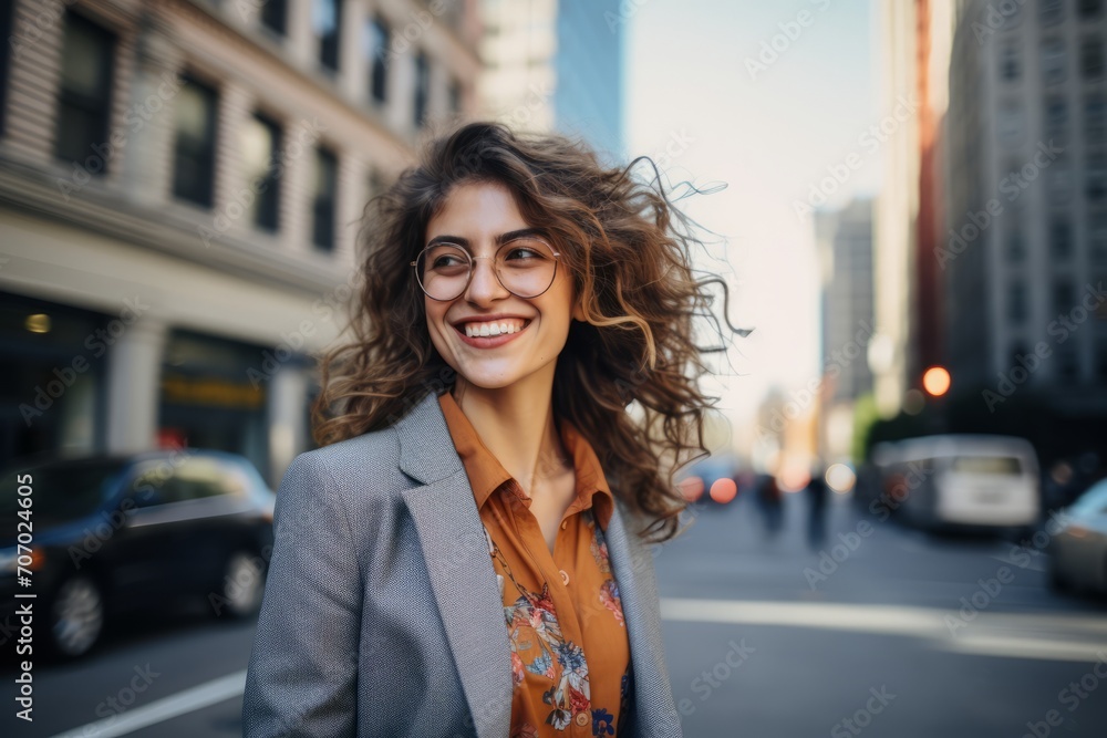 Fototapeta premium A sophisticated woman in a stylish denim blazer, confidently walking down a bustling city street, her radiant smile reflecting the vibrant energy of the urban landscape