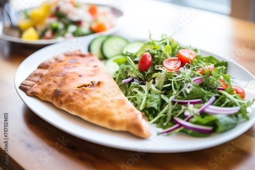 calzone with a side salad on a plate