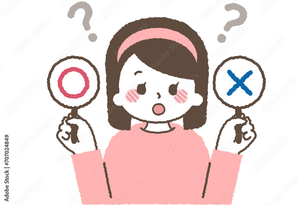 マルバツを持つ女の子のイラスト。