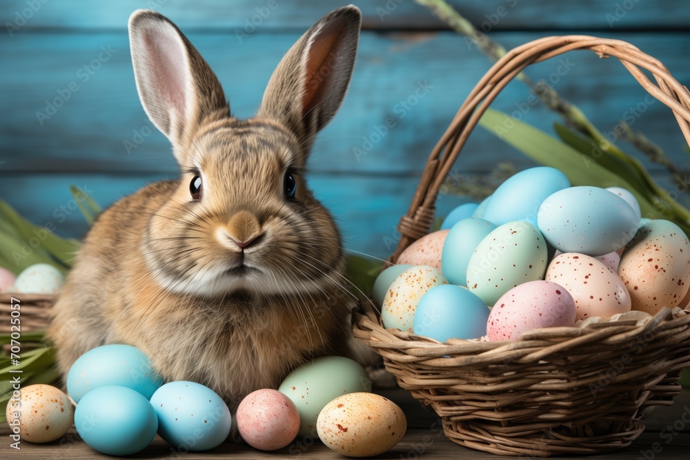 Cute Easter bunny with painted eggs and copy space background. Concept and idea of happy Easter day. Cute Easter bunny with painted eggs and copy space background. Concept and idea of happy Easter day.
