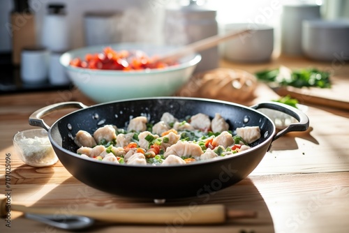 dumplings frying in a skillet beside bowl of raw dough