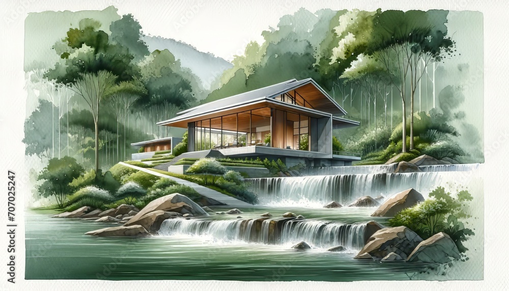 This watercolor painting depicts a modern house nestled by a waterfall in a lush forest.