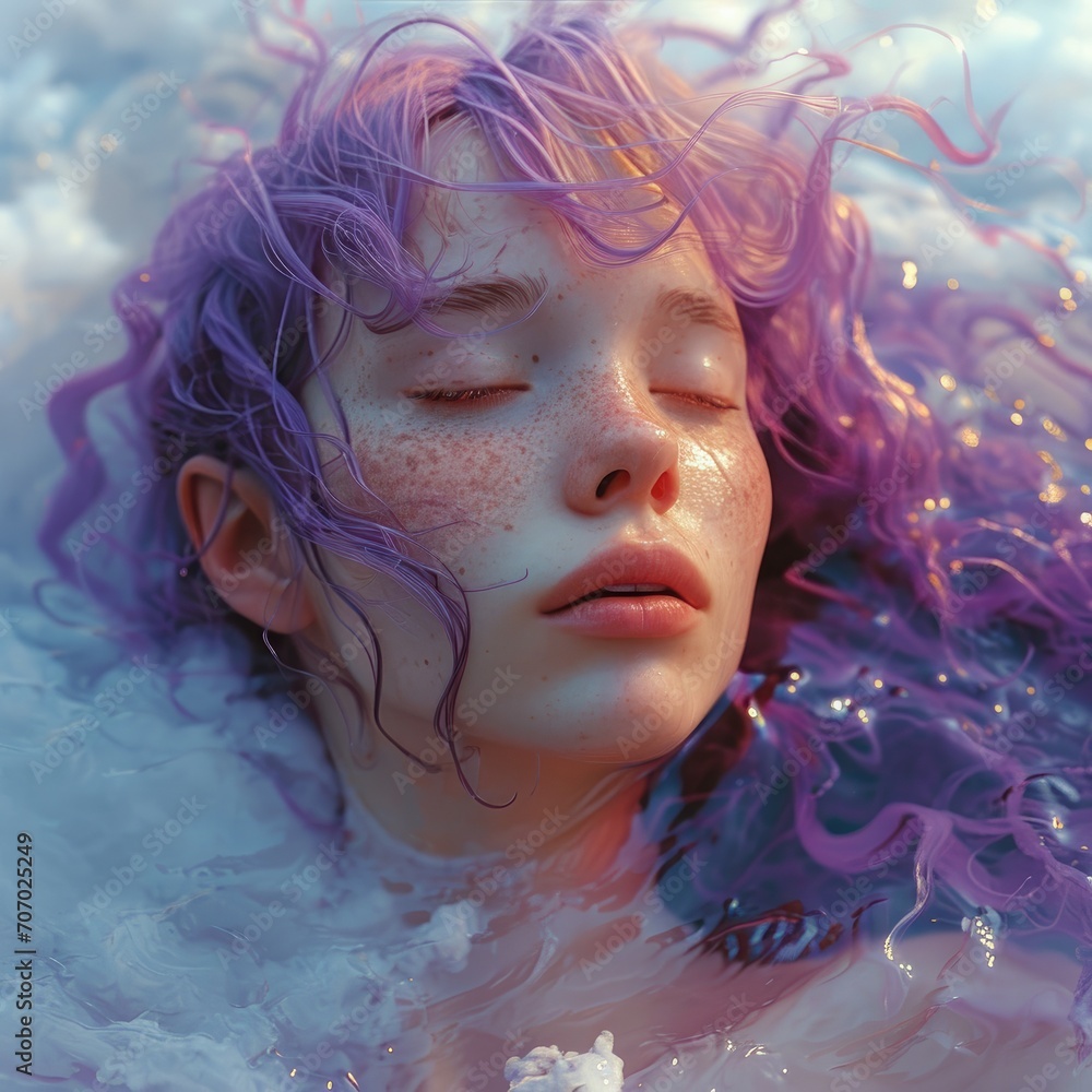 beautiful girl with purple hair in the water beautiful girl with purple hair in the water