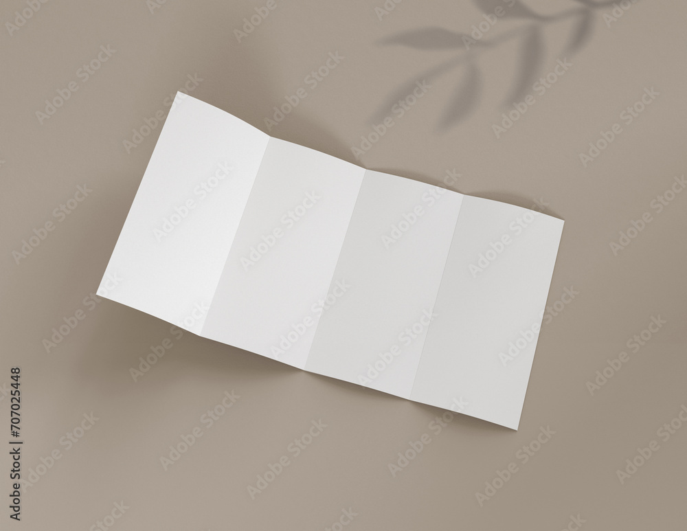 Showcase your content with this 3D illustration of a blank brochure mock-up, featuring a simple and harmonious background. four panel brochure. Showcase your content with this 3D illustration of a blank brochure mock-up, featuring a simple and harmonious background. four panel brochure.