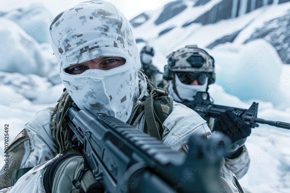 group of special forces soldiers in winter in the arctic close-up group of special forces soldiers in winter in the arctic close-up