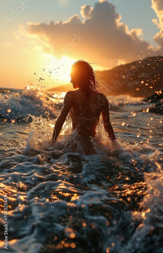 beautiful woman frolicking in the surf © hakule
