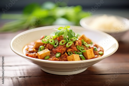 vegan chili with beans and tofu, garnished with cilantro