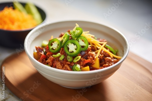 bowl of chili with cheese topping and sliced jalapenos