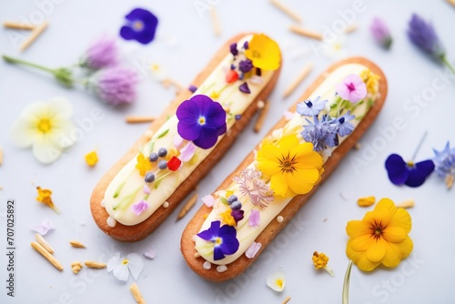 eclairs decorated with edible flowers on top