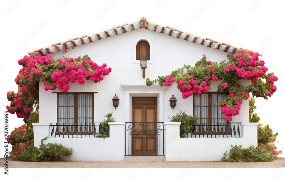 Potted Geraniums Adorning a Colonial Style House, an Elegant Residential Retreat on a White or Clear Surface PNG Transparent Background Potted Geraniums Adorning a Colonial Style House, an Elegant Residential Retreat on a White or Clear Surface PNG Transparent Background