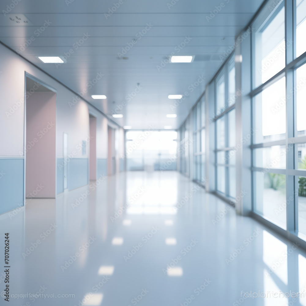 Blurred background of a modern hospital corridor, featuring bright blue tones. ai generative