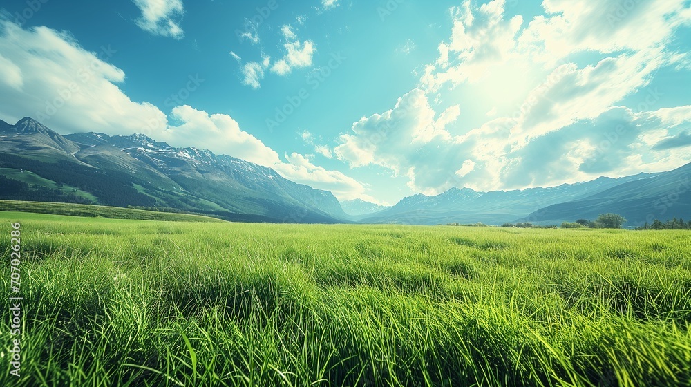 Fototapeta premium A wide-angle panorama of a sprawling green landscape, the grassy fields meeting the clear blue sky at the horizon, with majestic mountains providing a stunning backdrop