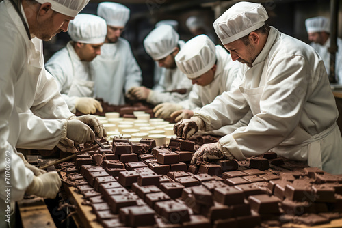 A group of master confectioners prepares chocolate bars in a confectionery workshop. photo