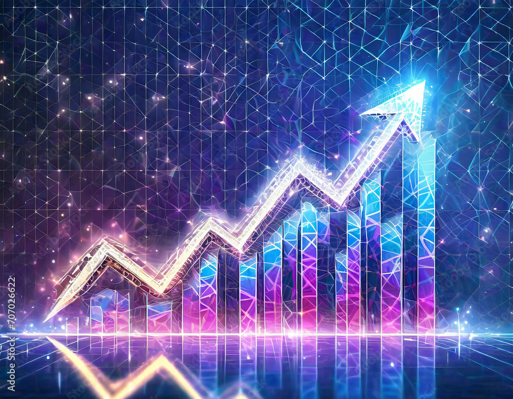 Abstract digital growing arrows up graph chart on technological low poly wireframe background. Boosting of business result concept. Polygonal finance glowing illustration. Success and Investment Abstract digital growing arrows up graph chart on technological low poly wireframe background. Boosting of business result concept. Polygonal finance glowing illustration. Success and Investment
