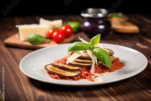 sliced eggplant beside a block of parmesan and tomato sauce