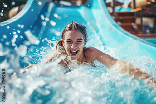 happy young woman sliding down a water slide in a water park under splashes of water photo