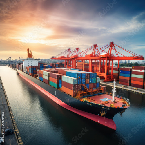 International commerce Container ship docked at a busy harbor, demonstrating the interconnectedness of global trade and economic activities. ai generative