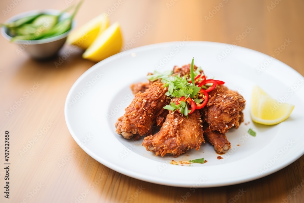 spicy fried chicken with chili flakes and lemon wedge spicy fried chicken with chili flakes and lemon wedge