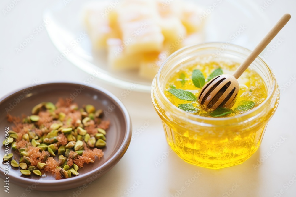 lemon tartare with honey and pistachios in a crystal bowl lemon tartare with honey and pistachios in a crystal bowl