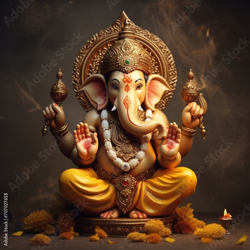 Lord ganesha has four arms on his red body and his consort sitti Ai generated art photo