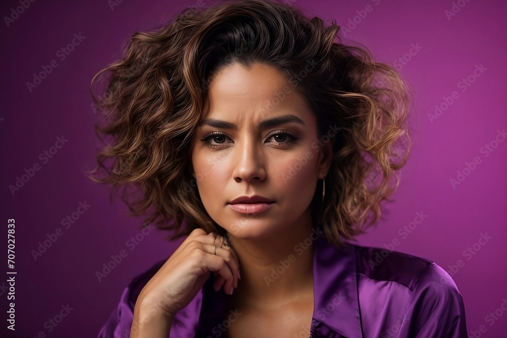 A woman with a furrowed brow stands on a vibrant purple background Generative Ai A woman with a furrowed brow stands on a vibrant purple background Generative Ai