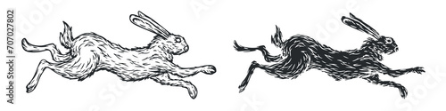 Running rabbit in vintage hand drawn style. Monochrome illustration for tattoo, mascot, emblem. Vector illustration.