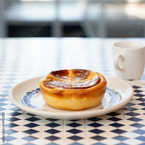 Pastel de Nata on a minimalist white plate on a table in a modern cafe with geometric decorative elements  Portuguese dessert