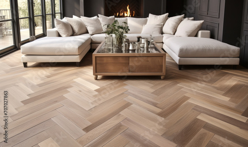 Sophisticated herringbone pattern parquet wood floor, showcasing the elegance of traditional craftsmanship in contemporary interior design photo