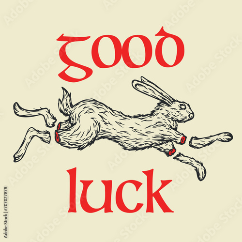 Running rabbit with inscription good luck in vintage hand drawn style. Monochrome illustration for tattoo, mascot, emblem. Vector illustration.