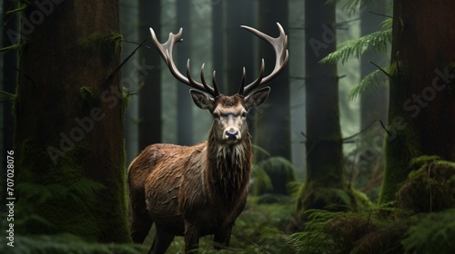 Close up of a male deer animal alone in the deep forest. AI generated image