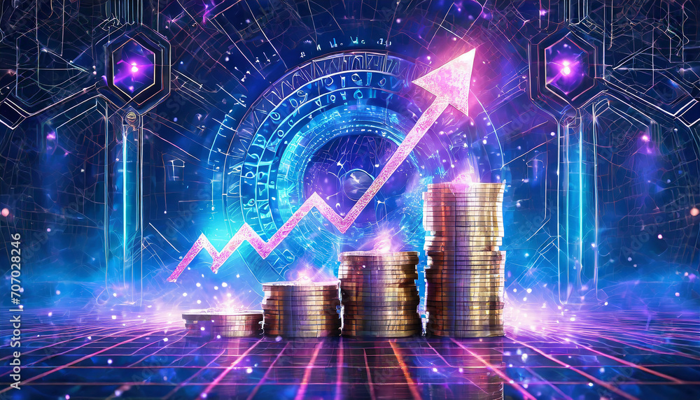 Increase Revenue Concept. Dollar Coin and Money Stack with Growth Arrows Up on Technology Background. Financial Profit and Budget Metaphors. Digital Vector Low Polygonal Illustration. Increase Revenue Concept. Dollar Coin and Money Stack with Growth Arrows Up on Technology Background. Financial Profit and Budget Metaphors. Digital Vector Low Polygonal Illustration.