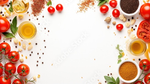 Top view flat lay decoration of raw cherry tomatoes, spices and macaroni on white background