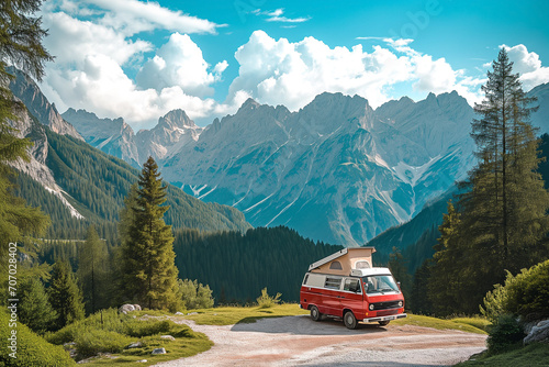 Beautiful nature landscape and campervan. Motorhome, road trip, travel and vacation concept © Patcharaphon
