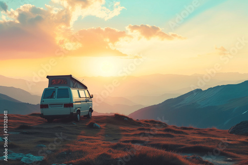 Beautiful nature landscape and campervan. Motorhome, road trip, travel and vacation concept
