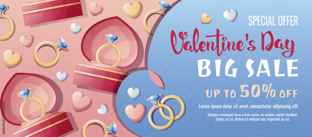 Valentine's day sale banner. Background, poster, flyer with an engagement ring in a box with hearts. Discount voucher template for love day, wedding.