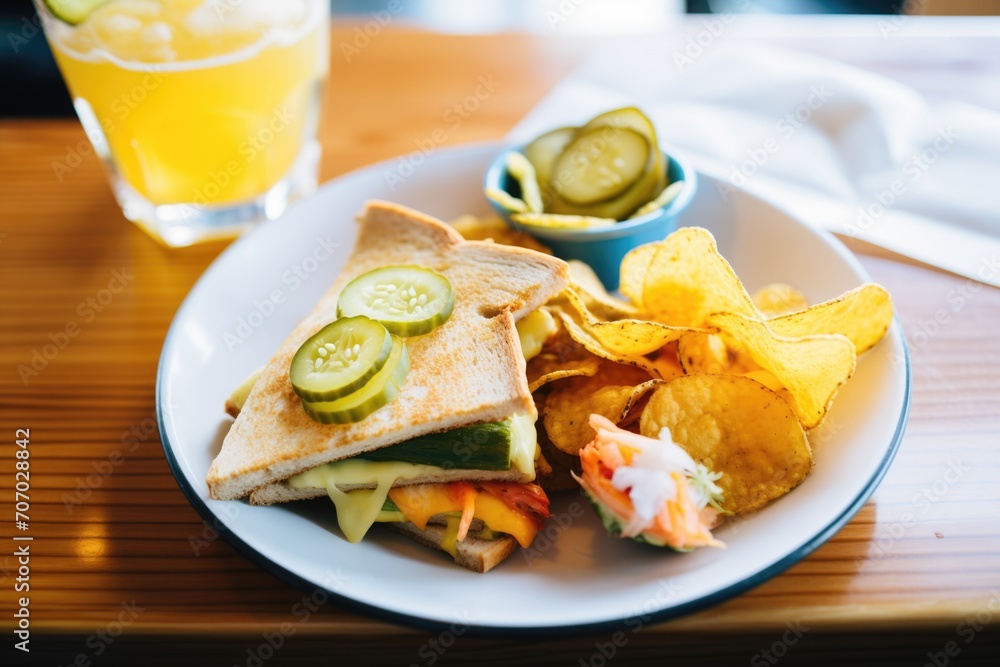 grilled cheese lunch with chips and pickles on side grilled cheese lunch with chips and pickles on side