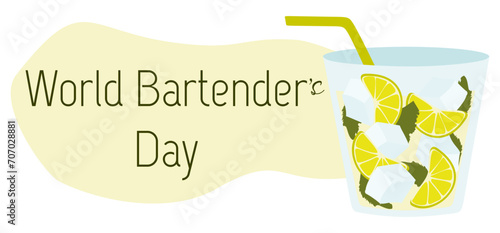 International Bartenders Day banner. 6 February. Template for background, card, poster. Vector Flat illustration. Alcohol cocktail with lime slice, Ice cubes and Drinking straw. World professional day