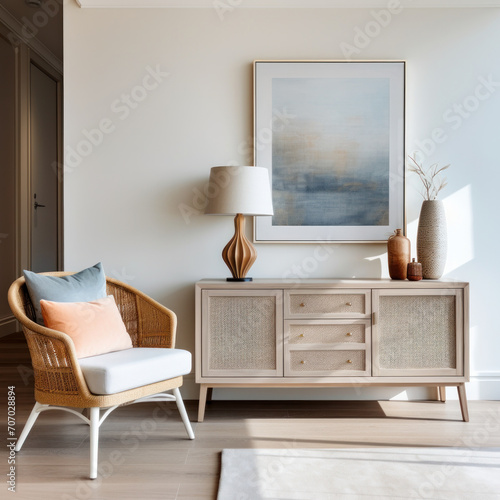 Luxurious living room in an Australian apartment with a renovated chair and lamp. Modern furniture and elegant decor create a sophisticated atmosphere. ai generative