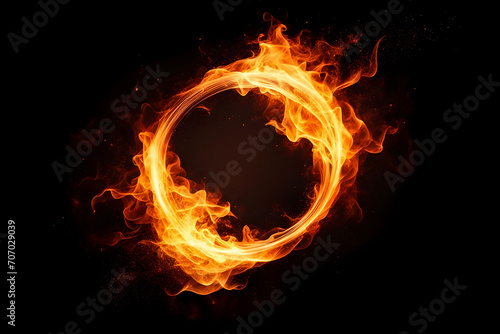 Circle of fire, round fiery ring, magic spell effect on black background