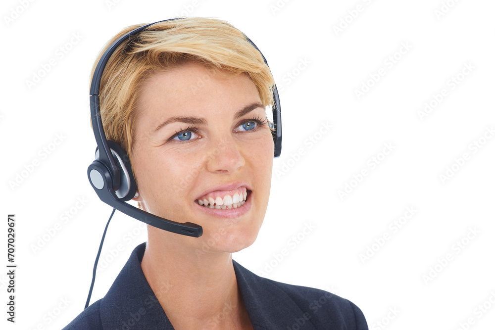 Business woman, call center and thinking in studio for communication, customer service or support or solution. Professional agent, consultant or advisor for ideas or contact us on or white background Business woman, call center and thinking in studio for communication, customer service or support or solution. Professional agent, consultant or advisor for ideas or contact us on or white background