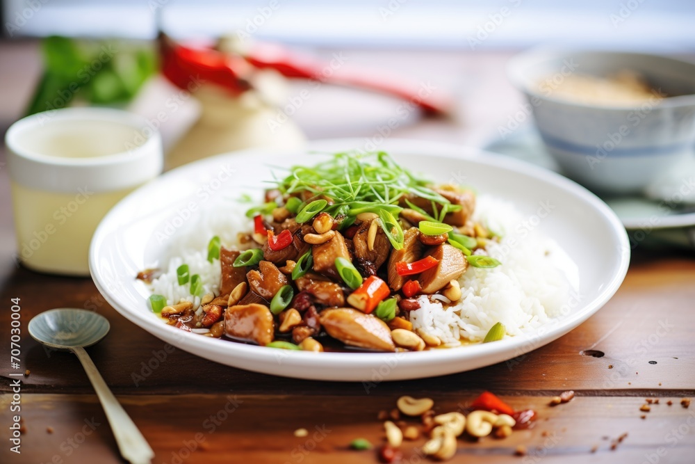 kung pao chicken over white rice on a plate kung pao chicken over white rice on a plate